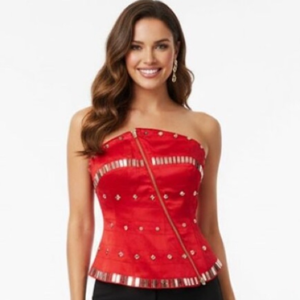 Y2K BEBE TRAPUNTO CORSET BUSTIER RED SATIN TUBE TOP SZ XXS NEW STUDDED SATEEN